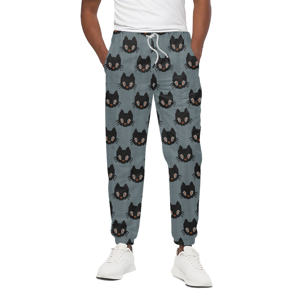 Black Cat Knitted Pattern Print Cotton Pants