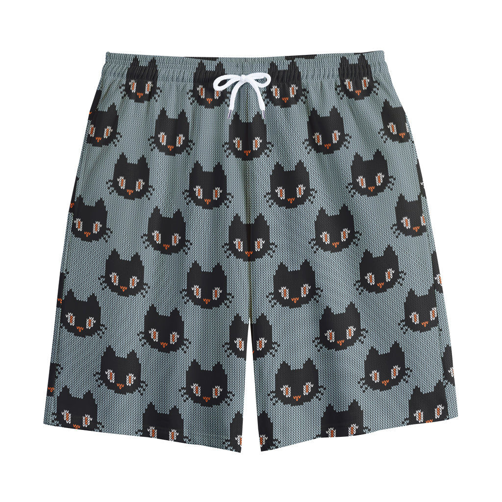 Black Cat Knitted Pattern Print Cotton Shorts