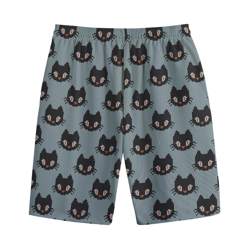 Black Cat Knitted Pattern Print Cotton Shorts