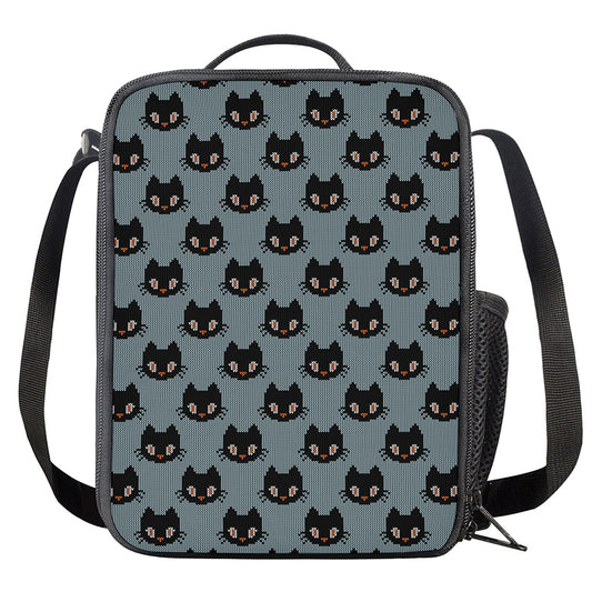 Black Cat Knitted Pattern Print Crossbody Lunch Bag