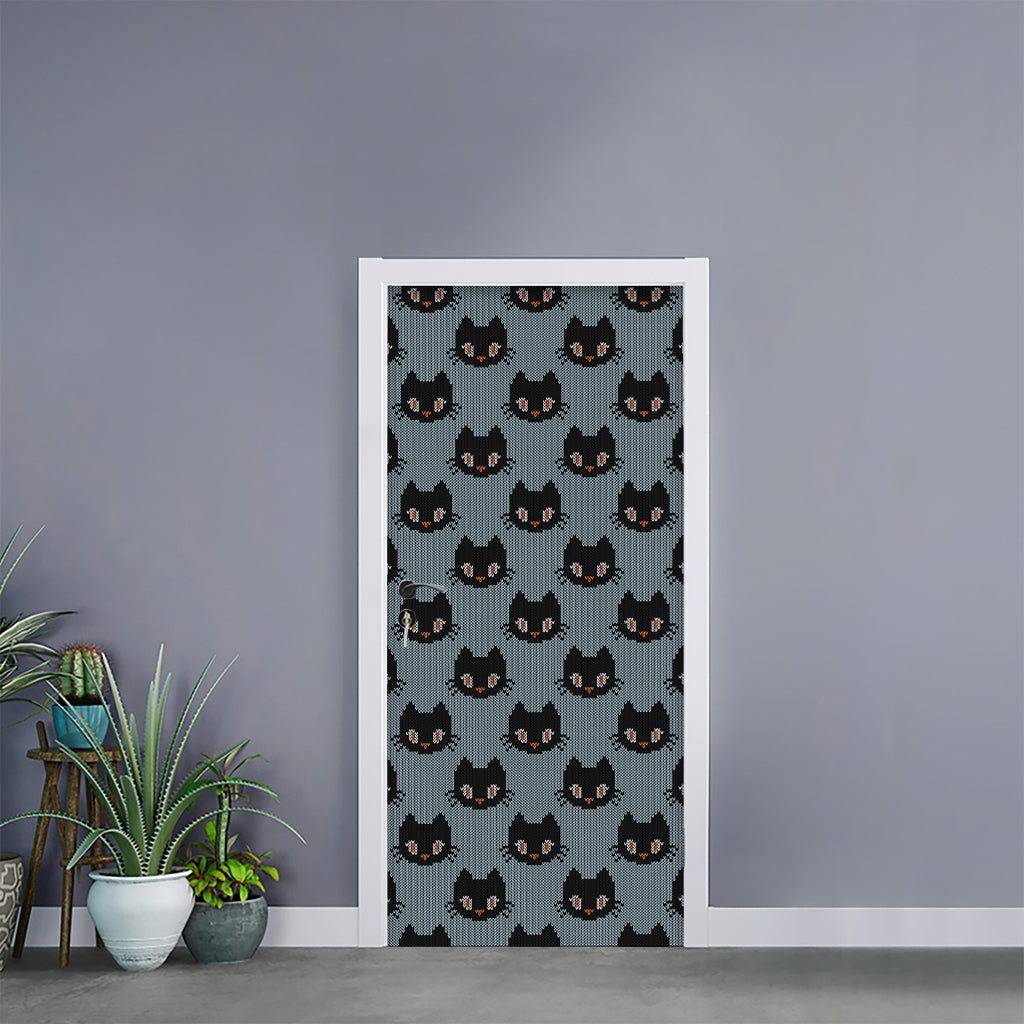 Black Cat Knitted Pattern Print Door Sticker