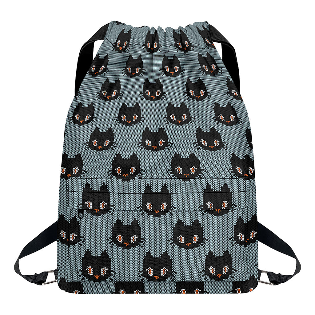 Black Cat Knitted Pattern Print Drawstring Backpack