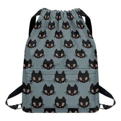 Black Cat Knitted Pattern Print Drawstring Backpack