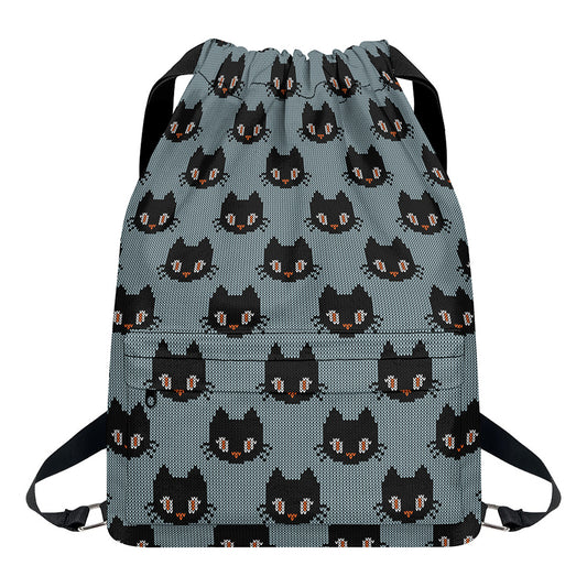 Black Cat Knitted Pattern Print Drawstring Backpack