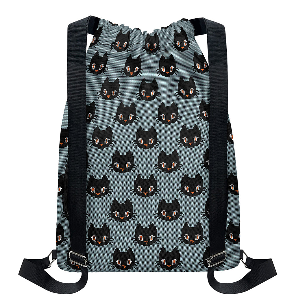 Black Cat Knitted Pattern Print Drawstring Backpack