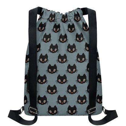 Black Cat Knitted Pattern Print Drawstring Backpack