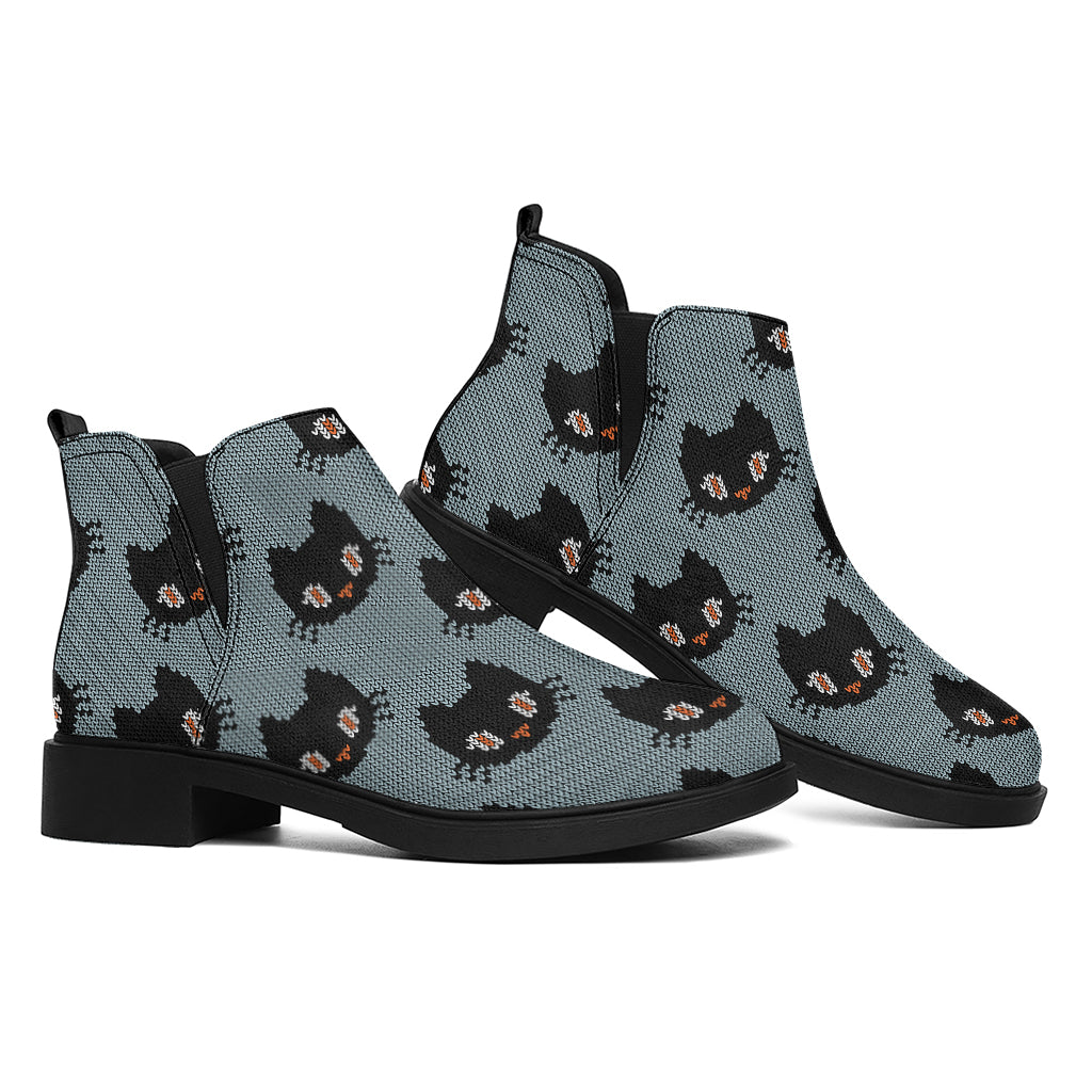 Black Cat Knitted Pattern Print Flat Ankle Boots