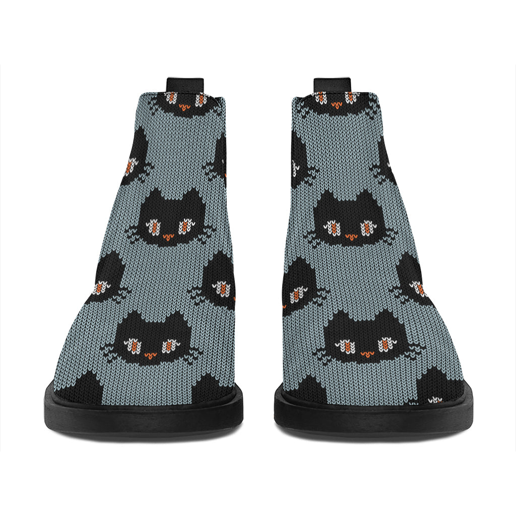 Black Cat Knitted Pattern Print Flat Ankle Boots