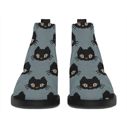 Black Cat Knitted Pattern Print Flat Ankle Boots