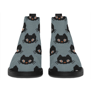 Black Cat Knitted Pattern Print Flat Ankle Boots