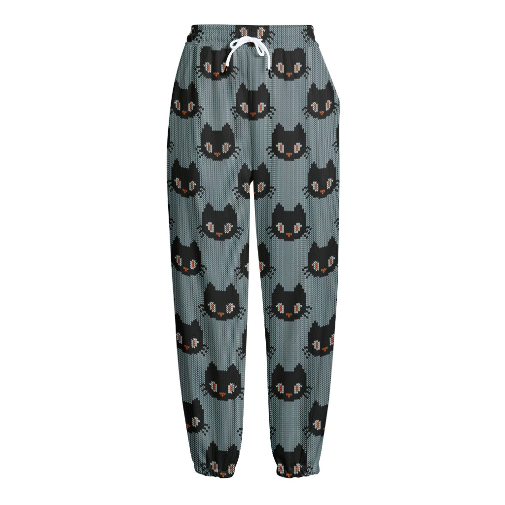 Black Cat Knitted Pattern Print Fleece Lined Knit Pants