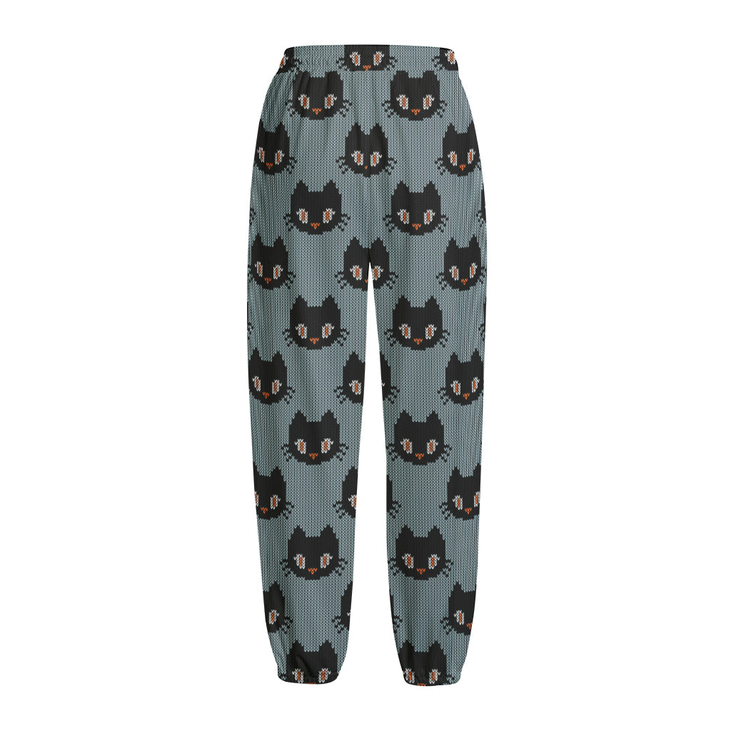 Black Cat Knitted Pattern Print Fleece Lined Knit Pants