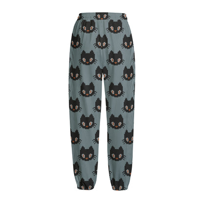 Black Cat Knitted Pattern Print Fleece Lined Knit Pants