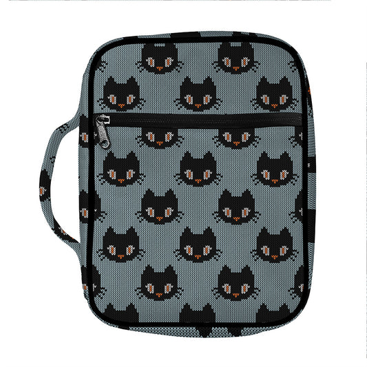 Black Cat Knitted Pattern Print Front Pocket Bible Bag