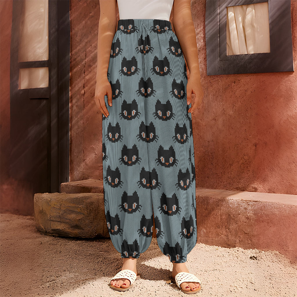 Black Cat Knitted Pattern Print Harem Pants