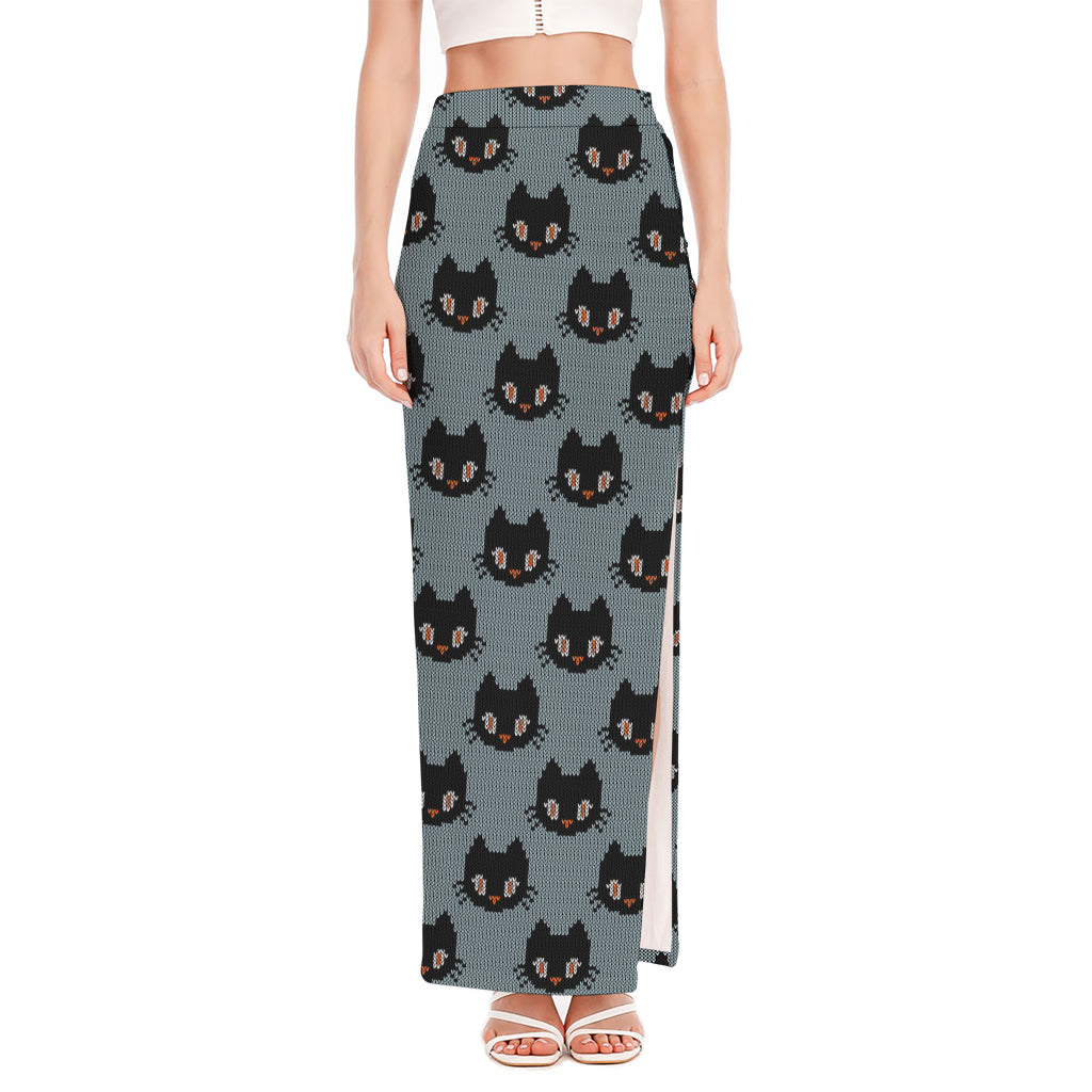 Black Cat Knitted Pattern Print High Slit Maxi Skirt