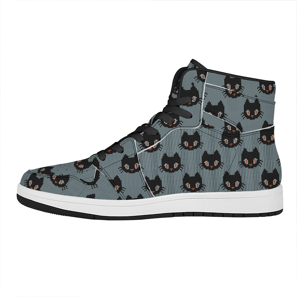 Black Cat Knitted Pattern Print High Top Leather Sneakers