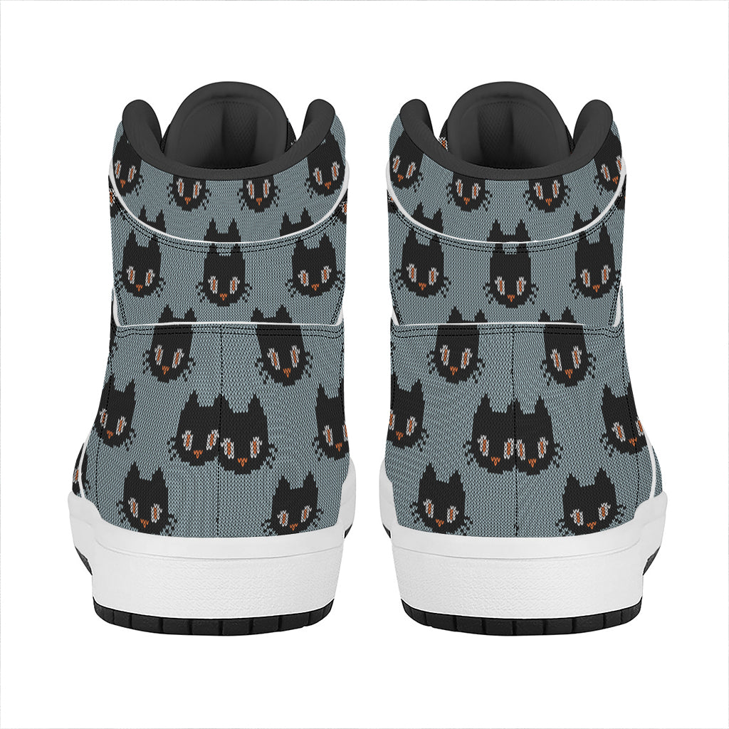 Black Cat Knitted Pattern Print High Top Leather Sneakers