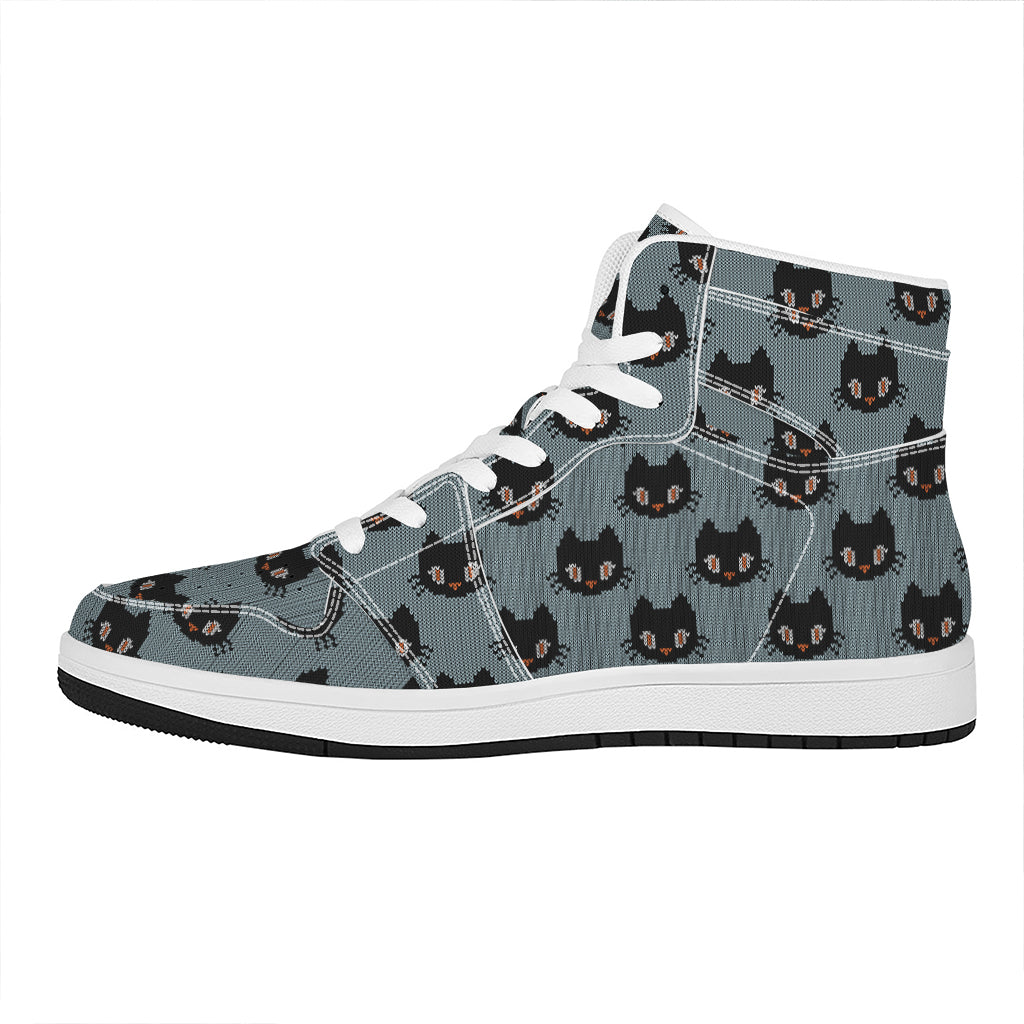 Black Cat Knitted Pattern Print High Top Leather Sneakers