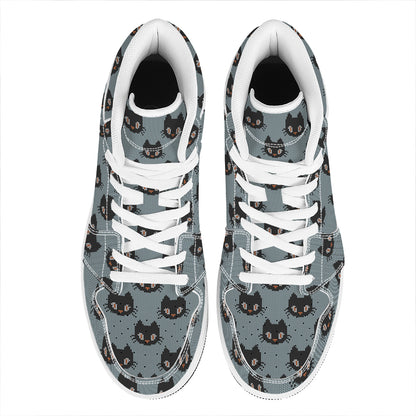 Black Cat Knitted Pattern Print High Top Leather Sneakers