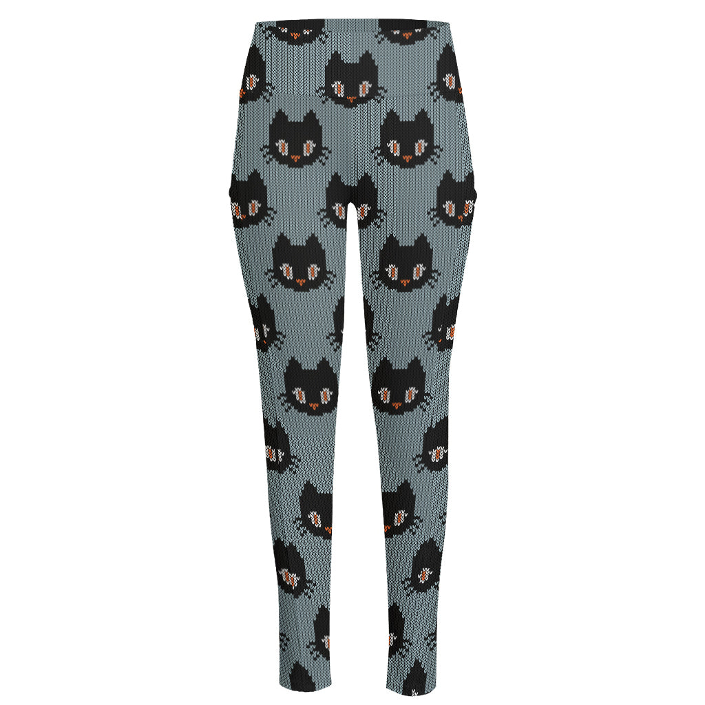 Black Cat Knitted Pattern Print High-Waisted Pocket Leggings