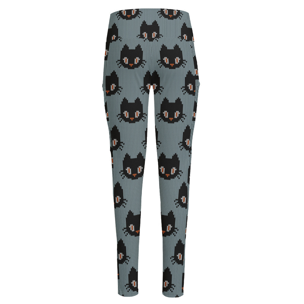 Black Cat Knitted Pattern Print High-Waisted Pocket Leggings