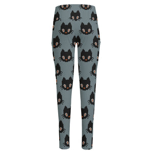 Black Cat Knitted Pattern Print High-Waisted Pocket Leggings