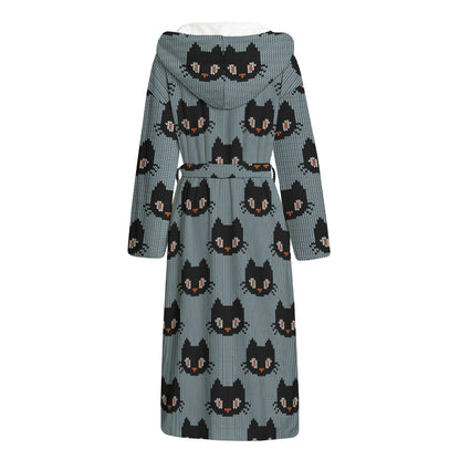 Black Cat Knitted Pattern Print Hooded Bathrobe