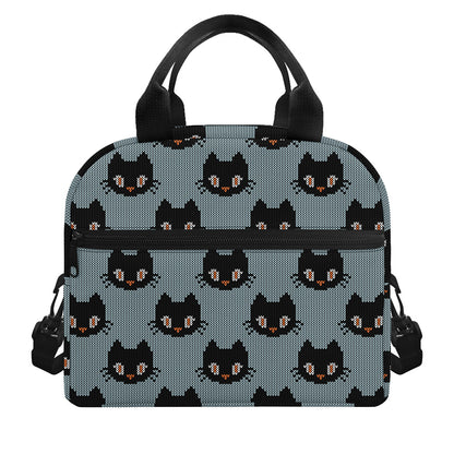 Black Cat Knitted Pattern Print Insulated Lunch Bag