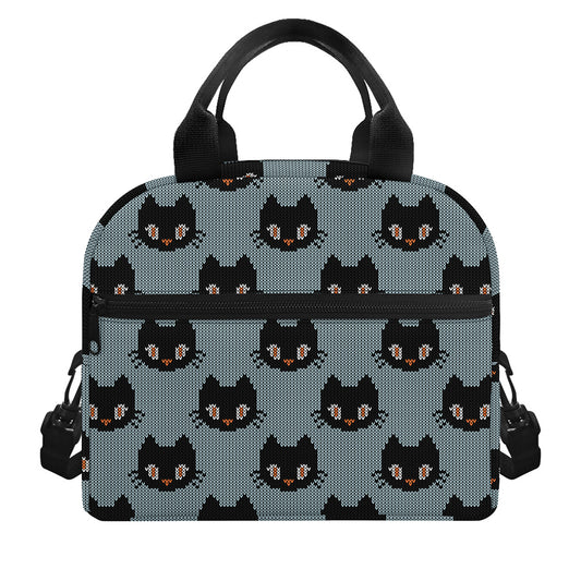 Black Cat Knitted Pattern Print Insulated Lunch Bag