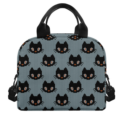 Black Cat Knitted Pattern Print Insulated Lunch Bag