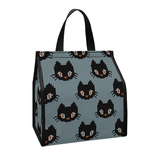 Black Cat Knitted Pattern Print Insulated Lunch Tote