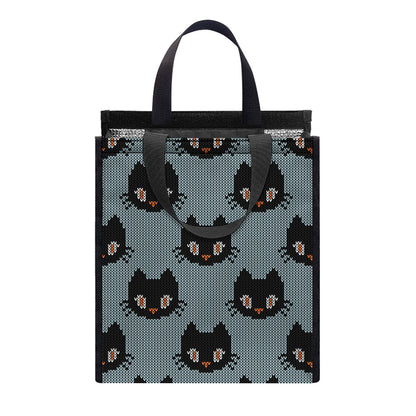 Black Cat Knitted Pattern Print Insulated Lunch Tote