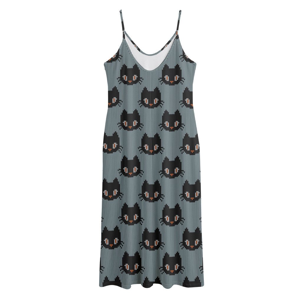 Black Cat Knitted Pattern Print Jersey Midi Cami Dress