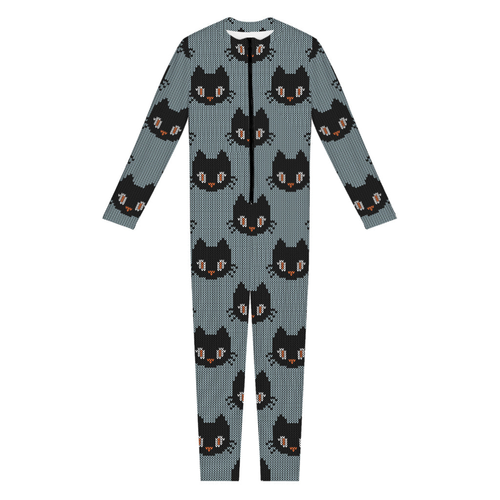 Black Cat Knitted Pattern Print Jumpsuit