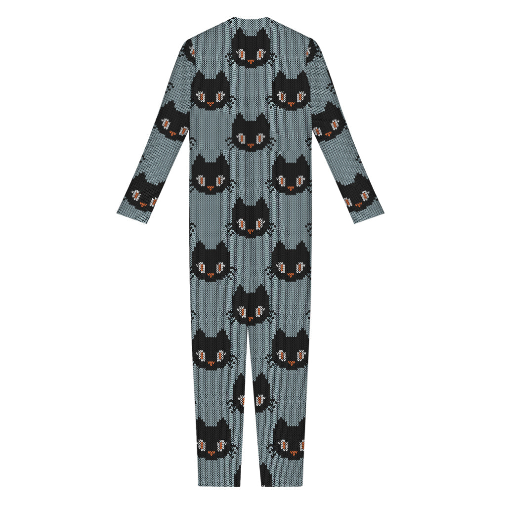 Black Cat Knitted Pattern Print Jumpsuit