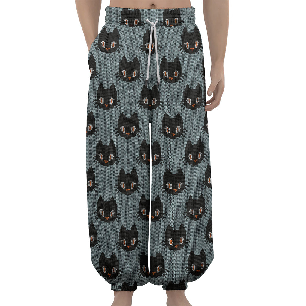 Black Cat Knitted Pattern Print Lantern Pants