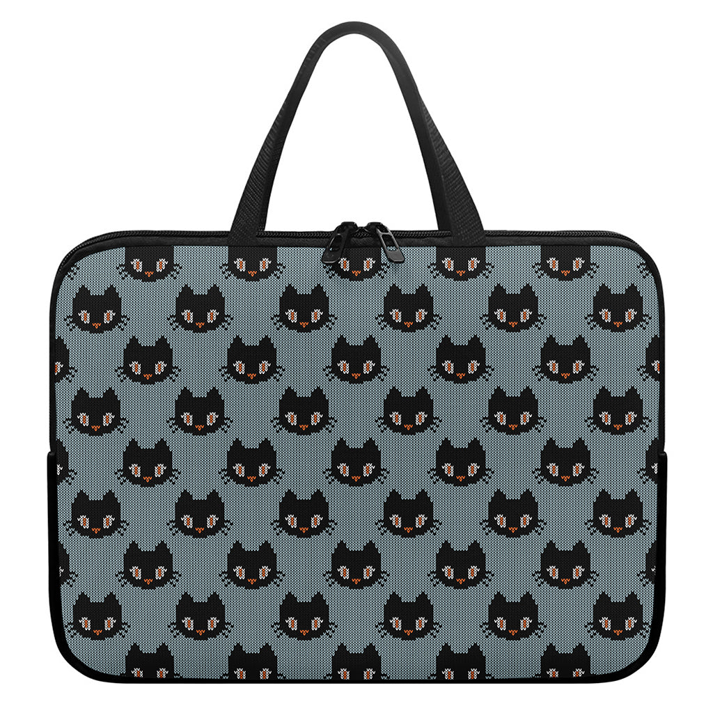 Black Cat Knitted Pattern Print Laptop Sleeve With Handle