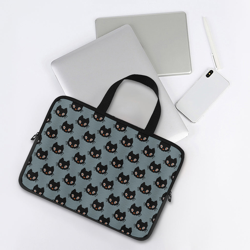 Black Cat Knitted Pattern Print Laptop Sleeve With Handle
