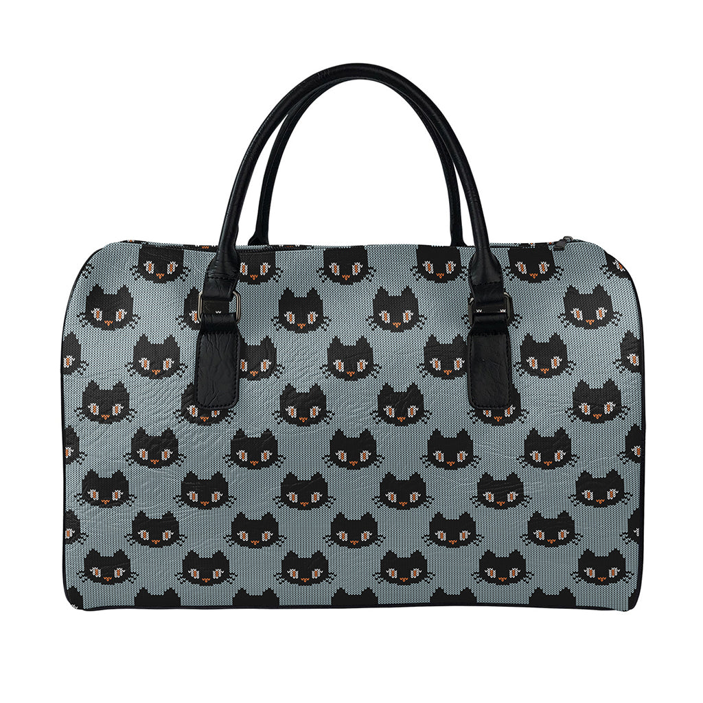Black Cat Knitted Pattern Print Leather Duffle Bag
