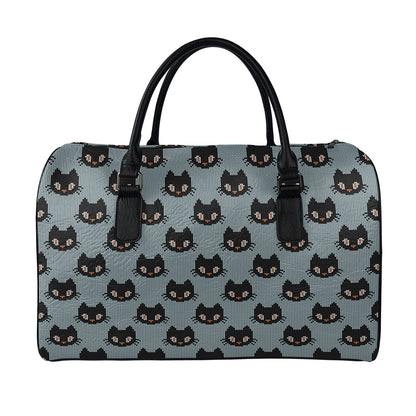 Black Cat Knitted Pattern Print Leather Duffle Bag