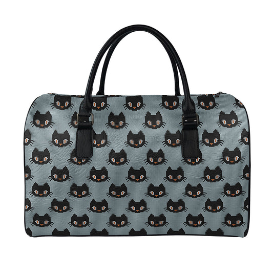 Black Cat Knitted Pattern Print Leather Duffle Bag