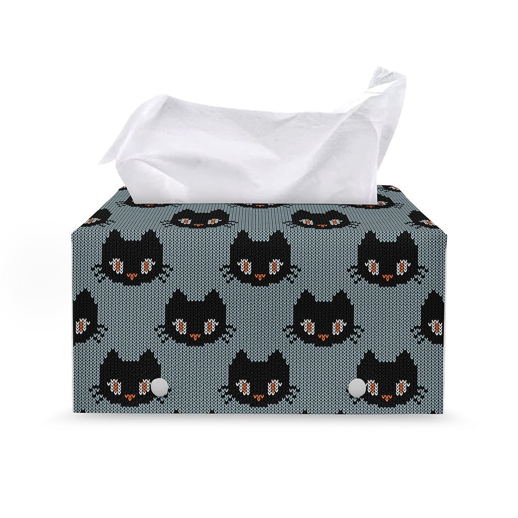Black Cat Knitted Pattern Print Leather Tissue Box Cover
