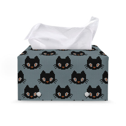 Black Cat Knitted Pattern Print Leather Tissue Box Cover