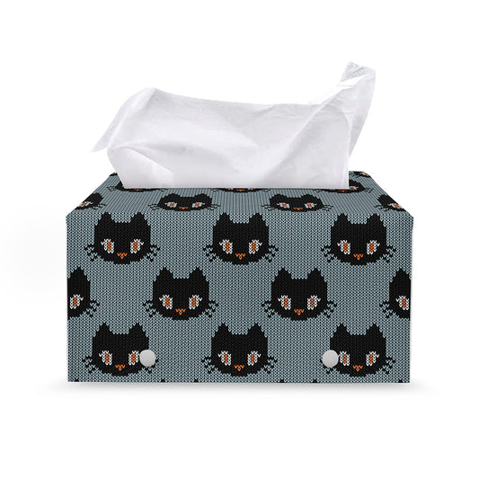 Black Cat Knitted Pattern Print Leather Tissue Box Cover