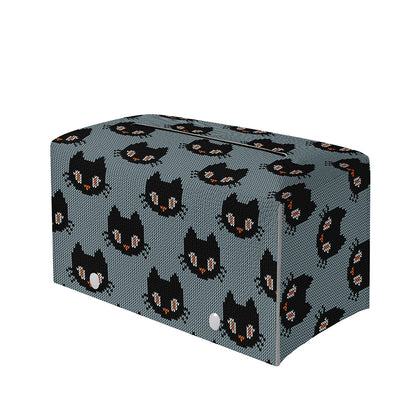Black Cat Knitted Pattern Print Leather Tissue Box Cover