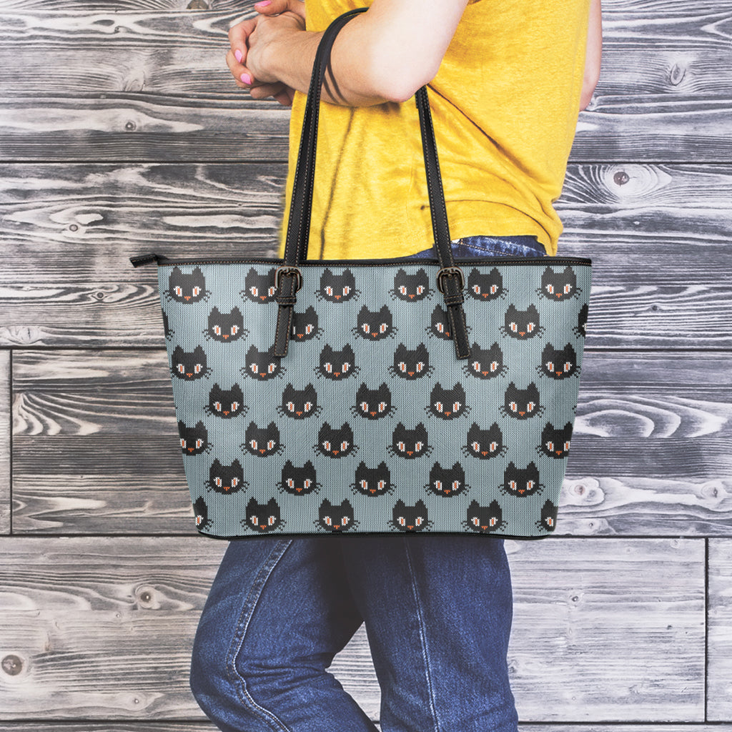 Black Cat Knitted Pattern Print Leather Tote Bag