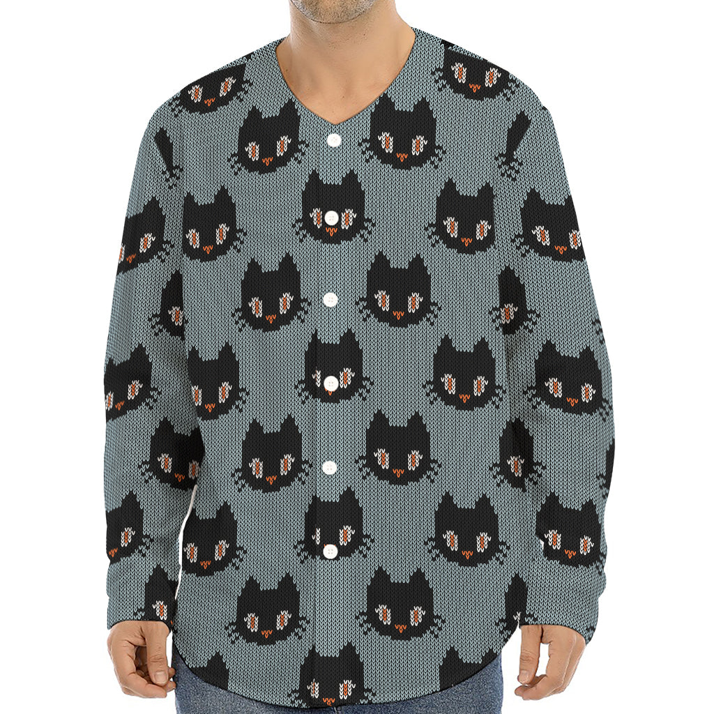 Black Cat Knitted Pattern Print Long Sleeve Baseball Jersey