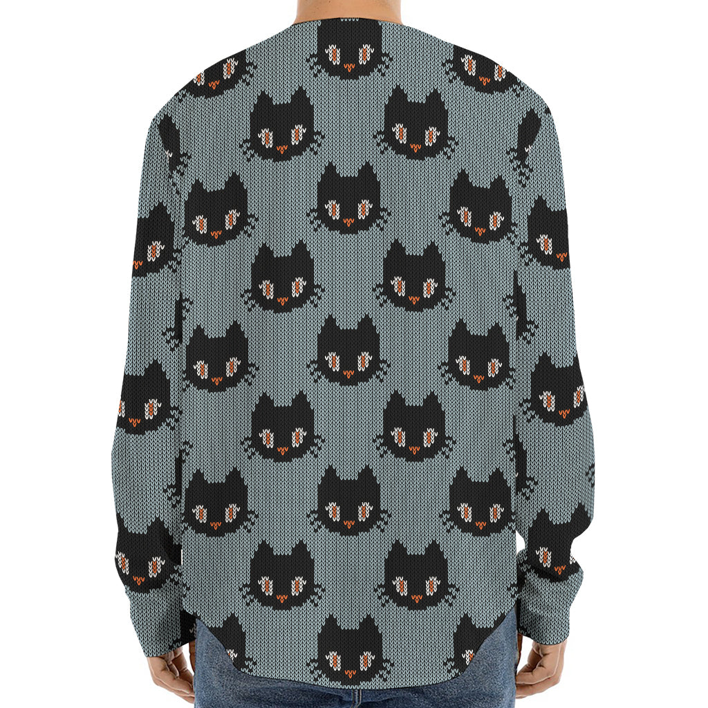 Black Cat Knitted Pattern Print Long Sleeve Baseball Jersey