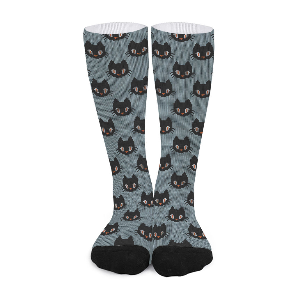 Black Cat Knitted Pattern Print Long Socks